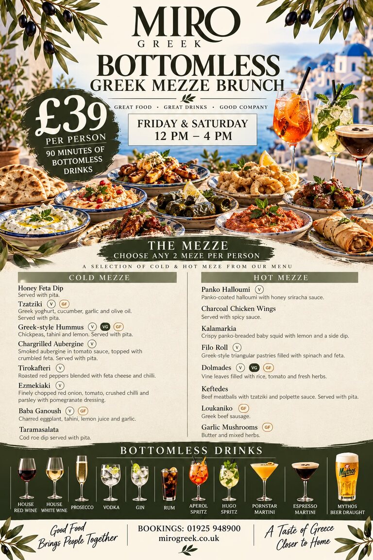 Poster for the Miro Greek bottomless Greek mezze brunch: £39 per person with 90 minutes of bottomless drinks, Friday and Saturday 12pm to 4pm, above a table of mezze, pita and cocktails.