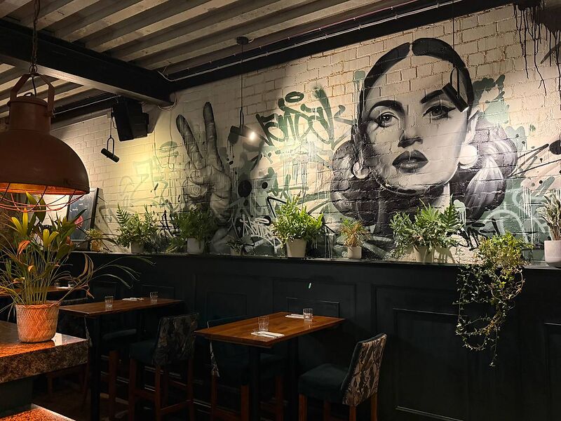 A large black and white mural of a woman's face above dark panelling and trailing plants.
